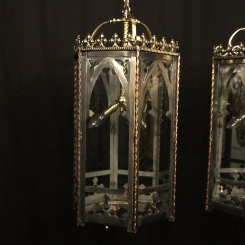 ENGLISH PAIR TRIPLE LIGHT GOTHIC ANTIQUE HALL LANTERNS - ADDITIONAL PHOTO 1