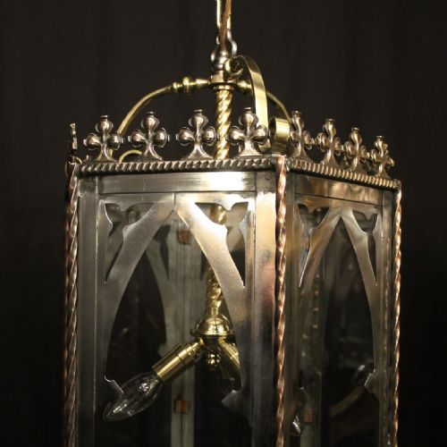 ENGLISH PAIR TRIPLE LIGHT GOTHIC ANTIQUE HALL LANTERNS - ADDITIONAL PHOTO 2