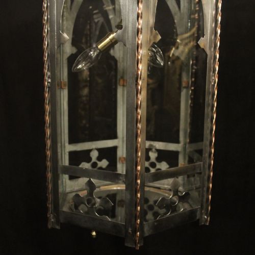 ENGLISH PAIR TRIPLE LIGHT GOTHIC ANTIQUE HALL LANTERNS - ADDITIONAL PHOTO 5