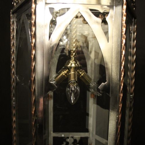 ENGLISH PAIR TRIPLE LIGHT GOTHIC ANTIQUE HALL LANTERNS - ADDITIONAL PHOTO 6