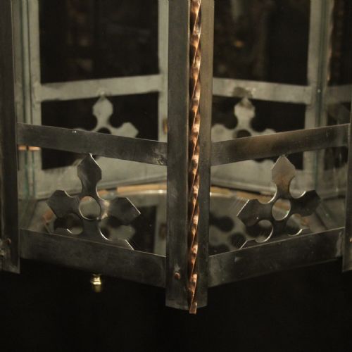 ENGLISH PAIR TRIPLE LIGHT GOTHIC ANTIQUE HALL LANTERNS - ADDITIONAL PHOTO 7