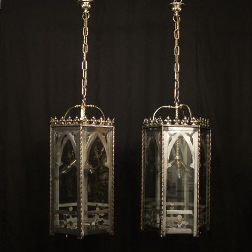ENGLISH PAIR TRIPLE LIGHT GOTHIC ANTIQUE HALL LANTERNS - ADDITIONAL PHOTO 8