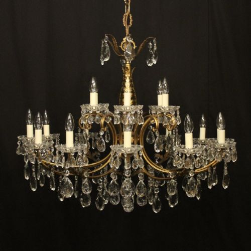 italian large 18 light gilded brass crystal antique chandelier - CATEGORY: ANTIQUE LIGHTING - DATED 1920