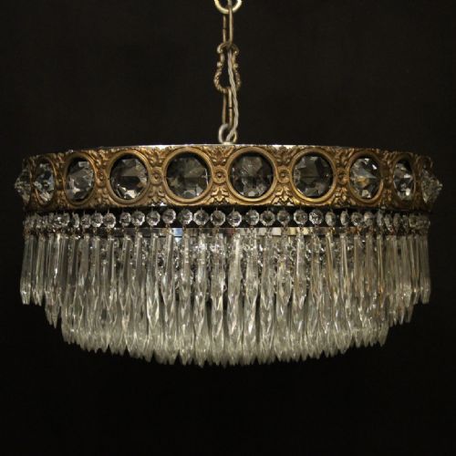 french gilded brass crystal 6 light antique plaffonier - CATEGORY: ANTIQUE LIGHTING - DATED 1920