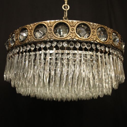 FRENCH GILDED BRASS CRYSTAL 6 LIGHT ANTIQUE PLAFFONIER - ADDITIONAL PHOTO 1