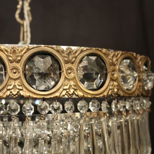 FRENCH GILDED BRASS CRYSTAL 6 LIGHT ANTIQUE PLAFFONIER - ADDITIONAL PHOTO 3