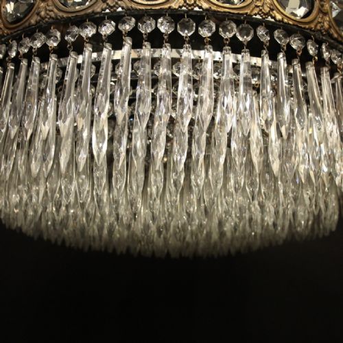 FRENCH GILDED BRASS CRYSTAL 6 LIGHT ANTIQUE PLAFFONIER - ADDITIONAL PHOTO 4