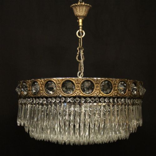 FRENCH GILDED BRASS CRYSTAL 6 LIGHT ANTIQUE PLAFFONIER - ADDITIONAL PHOTO 8