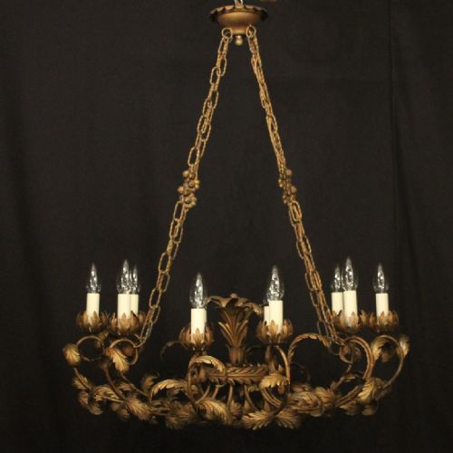 french gilded toleware 10 light antique chandelier - CATEGORY: ANTIQUE LIGHTING - DATED 1920