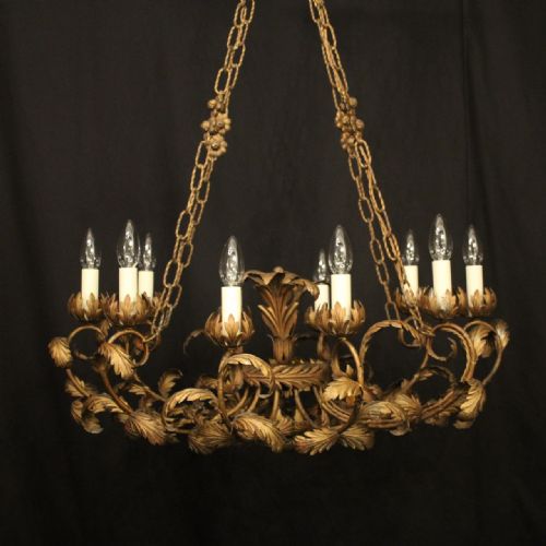 FRENCH GILDED TOLEWARE 10 LIGHT ANTIQUE CHANDELIER - ADDITIONAL PHOTO 1