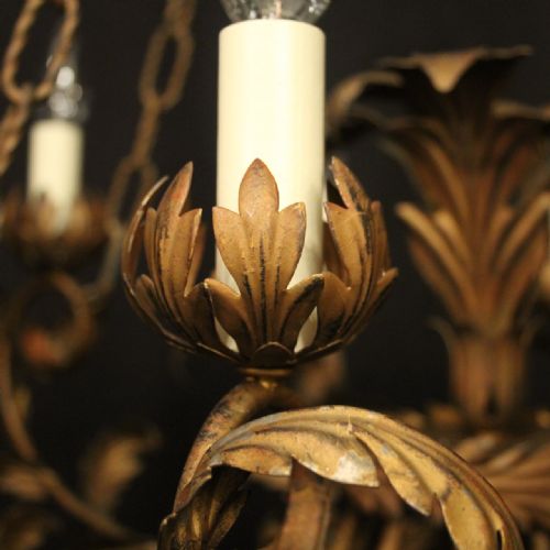 FRENCH GILDED TOLEWARE 10 LIGHT ANTIQUE CHANDELIER - ADDITIONAL PHOTO 5
