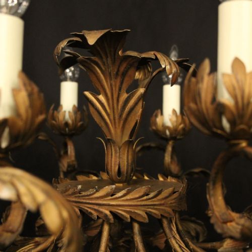 FRENCH GILDED TOLEWARE 10 LIGHT ANTIQUE CHANDELIER - ADDITIONAL PHOTO 6