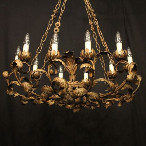 FRENCH GILDED TOLEWARE 10 LIGHT ANTIQUE CHANDELIER - ADDITIONAL PHOTO 7