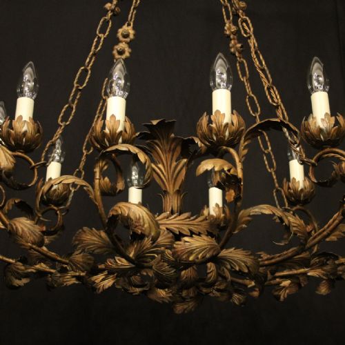 FRENCH GILDED TOLEWARE 10 LIGHT ANTIQUE CHANDELIER - ADDITIONAL PHOTO 8