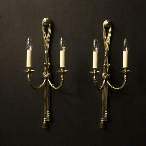 french pair of brass twin arm rope antique wall lights - CATEGORY: ANTIQUE LIGHTING - DATED 1920