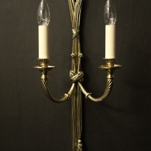 FRENCH PAIR OF BRASS TWIN ARM ROPE ANTIQUE WALL LIGHTS - ADDITIONAL PHOTO 2