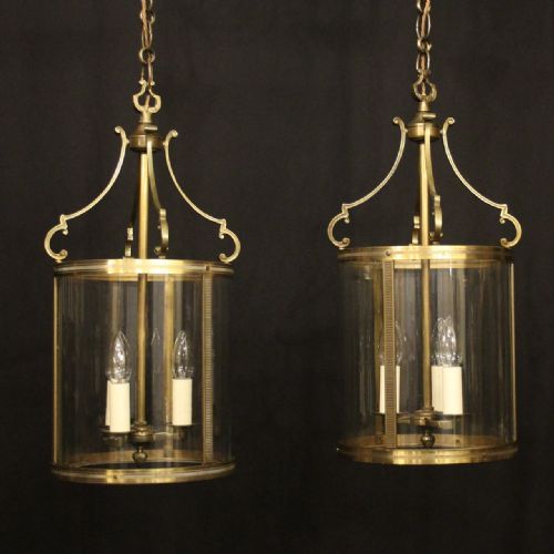 french pair gilded convex hall antique lanterns - CATEGORY: ANTIQUE LIGHTING - DATED 1920