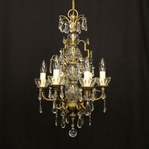 french gilded crystal 6 light antique chandelier - CATEGORY: ANTIQUE LIGHTING - DATED 1920