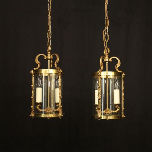 french small pair of gilded brass convex antique lanterns - CATEGORY: ANTIQUE LIGHTING - DATED 1930