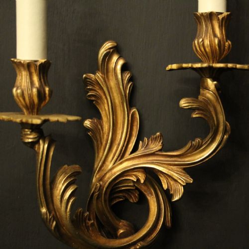 FRENCH PAIR OF GILDED BRONZE ANTIQUE WALL SCONCES - ADDITIONAL PHOTO 3