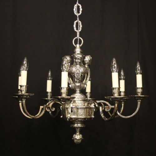 english silver plated bronze 8 light antique chandelier - CATEGORY: ANTIQUE LIGHTING - DATED 1910