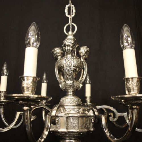 ENGLISH SILVER PLATED BRONZE 8 LIGHT ANTIQUE CHANDELIER - ADDITIONAL PHOTO 3