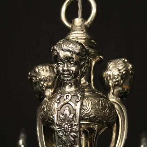 ENGLISH SILVER PLATED BRONZE 8 LIGHT ANTIQUE CHANDELIER - ADDITIONAL PHOTO 4