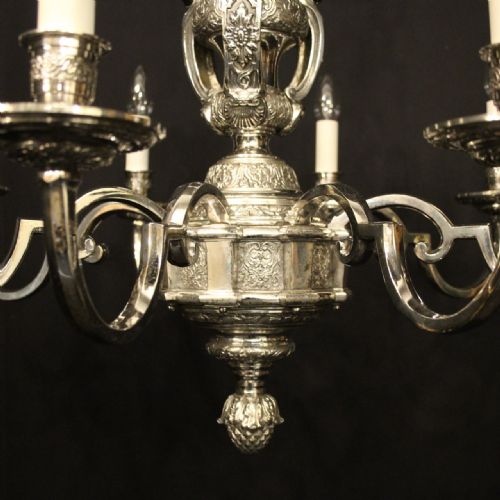 ENGLISH SILVER PLATED BRONZE 8 LIGHT ANTIQUE CHANDELIER - ADDITIONAL PHOTO 5