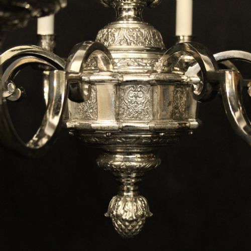ENGLISH SILVER PLATED BRONZE 8 LIGHT ANTIQUE CHANDELIER - ADDITIONAL PHOTO 6