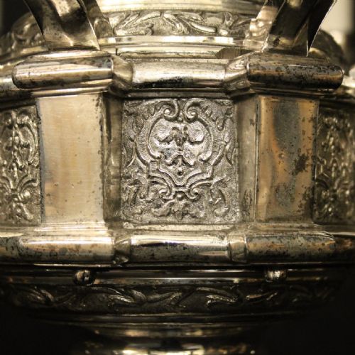 ENGLISH SILVER PLATED BRONZE 8 LIGHT ANTIQUE CHANDELIER - ADDITIONAL PHOTO 9