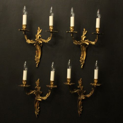 french set of 4 gilded brass twin arm wall lights - CATEGORY: ANTIQUE LIGHTING - DATED 1930