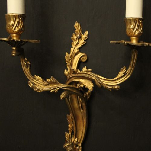 FRENCH SET OF 4 GILDED BRASS TWIN ARM WALL LIGHTS - ADDITIONAL PHOTO 5
