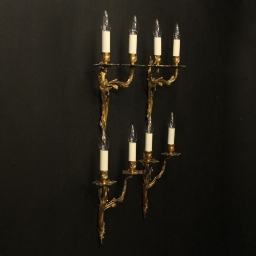 FRENCH SET OF 4 GILDED BRASS TWIN ARM WALL LIGHTS - ADDITIONAL PHOTO 9