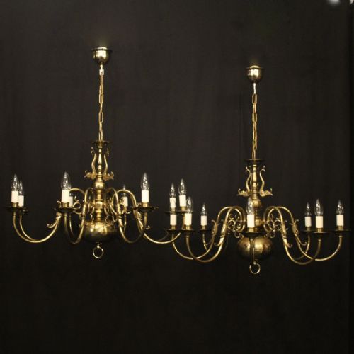flemish pair of 8 light brass chandeliers - CATEGORY: ANTIQUE LIGHTING - DATED 1930