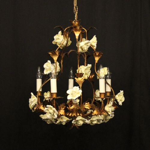 french toleware 5 light flower chandelier - CATEGORY: ANTIQUE LIGHTING - DATED 1930