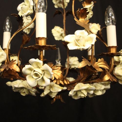 FRENCH TOLEWARE 5 LIGHT FLOWER CHANDELIER - ADDITIONAL PHOTO 2