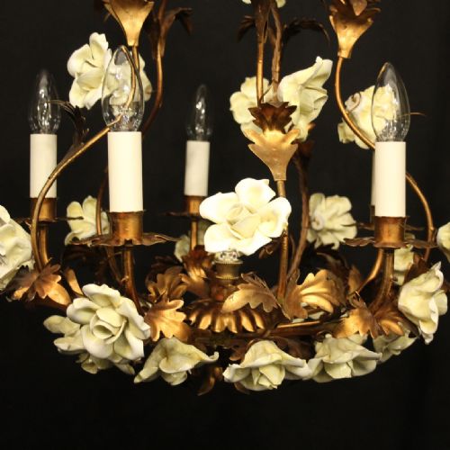 FRENCH TOLEWARE 5 LIGHT FLOWER CHANDELIER - ADDITIONAL PHOTO 3