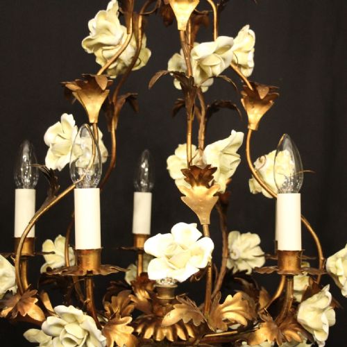 FRENCH TOLEWARE 5 LIGHT FLOWER CHANDELIER - ADDITIONAL PHOTO 5