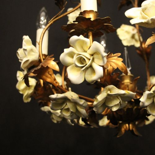 FRENCH TOLEWARE 5 LIGHT FLOWER CHANDELIER - ADDITIONAL PHOTO 7