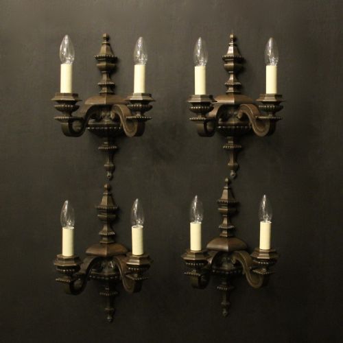 english set of 4 bronze twin arm antique wall lights - CATEGORY: ANTIQUE LIGHTING - DATED 1900
