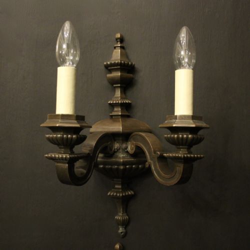 ENGLISH SET OF 4 BRONZE TWIN ARM ANTIQUE WALL LIGHTS - ADDITIONAL PHOTO 1