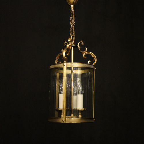 french gilded brass triple light convex antique hall lantern - CATEGORY: ANTIQUE LIGHTING - DATED 1920