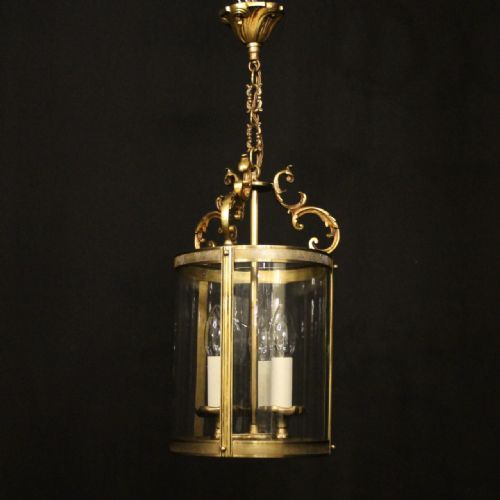FRENCH GILDED BRASS TRIPLE LIGHT CONVEX ANTIQUE HALL LANTERN - ADDITIONAL PHOTO 1