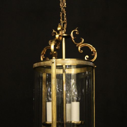 FRENCH GILDED BRASS TRIPLE LIGHT CONVEX ANTIQUE HALL LANTERN - ADDITIONAL PHOTO 2