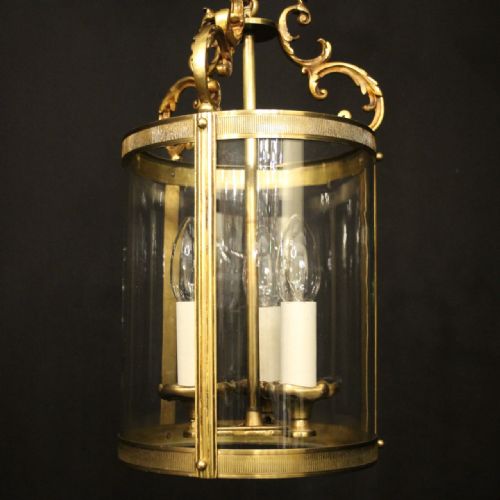 FRENCH GILDED BRASS TRIPLE LIGHT CONVEX ANTIQUE HALL LANTERN - ADDITIONAL PHOTO 3