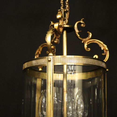 FRENCH GILDED BRASS TRIPLE LIGHT CONVEX ANTIQUE HALL LANTERN - ADDITIONAL PHOTO 4