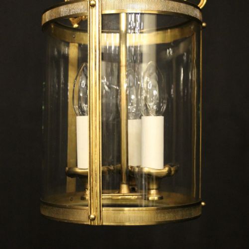FRENCH GILDED BRASS TRIPLE LIGHT CONVEX ANTIQUE HALL LANTERN - ADDITIONAL PHOTO 5