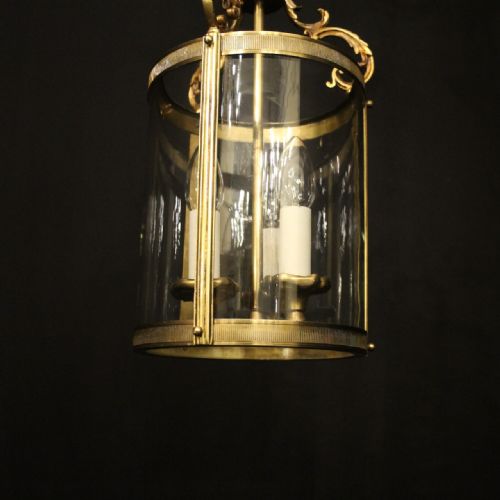 FRENCH GILDED BRASS TRIPLE LIGHT CONVEX ANTIQUE HALL LANTERN - ADDITIONAL PHOTO 6