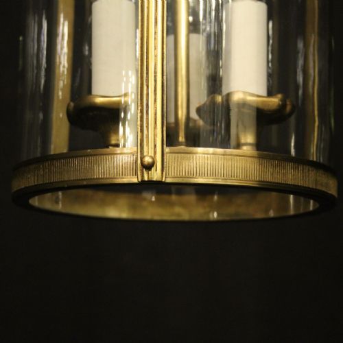 FRENCH GILDED BRASS TRIPLE LIGHT CONVEX ANTIQUE HALL LANTERN - ADDITIONAL PHOTO 8