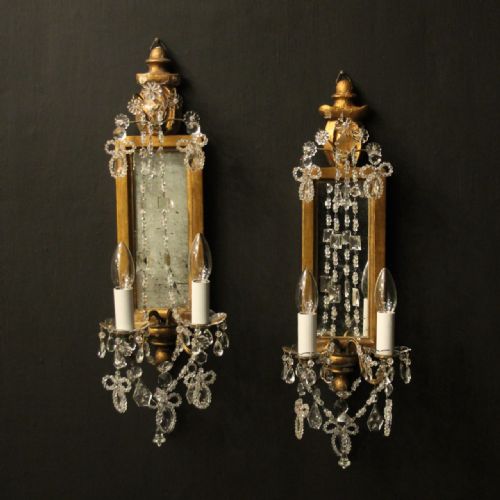french pair of giltwood crystal twin arm girandoles - CATEGORY: ANTIQUE LIGHTING - DATED 19TH CENTURY